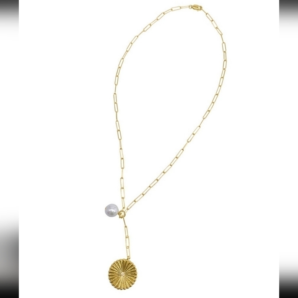 New ADORNIA Sunburst Pendant Y- Necklace with Pearl Drop